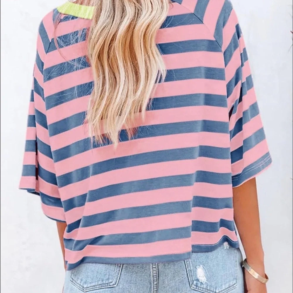 Striped Pink and Blue Women Tee - Picture 2 of 2